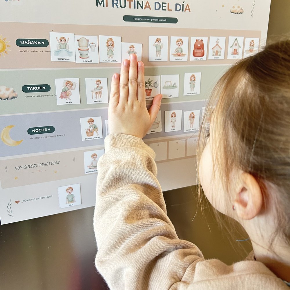 Una nena colocando tarjetas en el cuadro de rutinas colgado en la pared